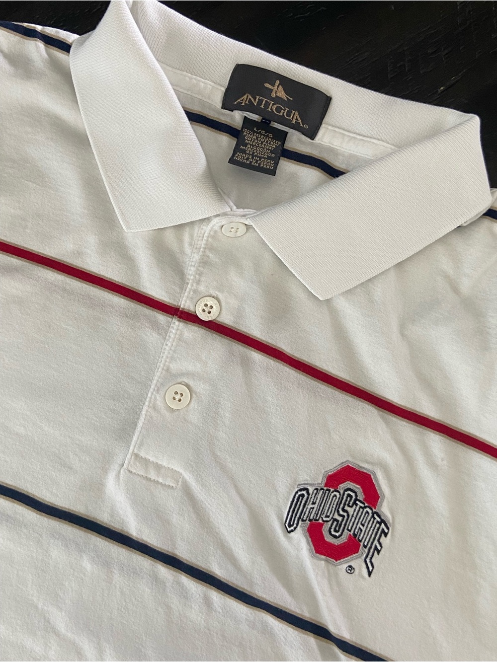 Antigua Men's White Polo with Red & Navy Stripe Accents